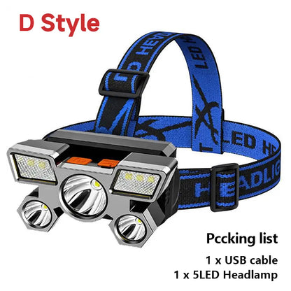 Strong LED Headlamp Flashlight, Rechargeable Built in Battery, 5 LED Light for Camping, Adventure & Fishing