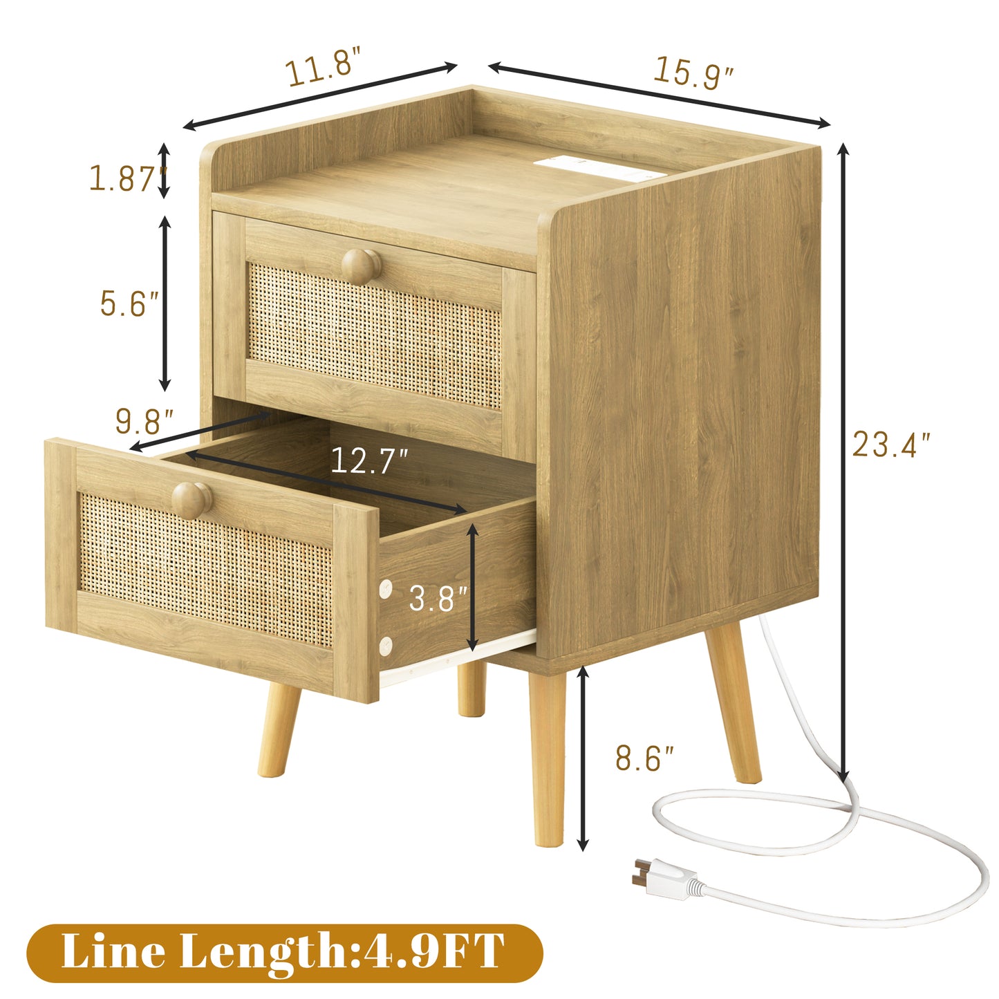 Rattan Nightstand with Charging Station, Rustic Bedside Table with 2 Drawers, Natural Nightstand for Bedroom
