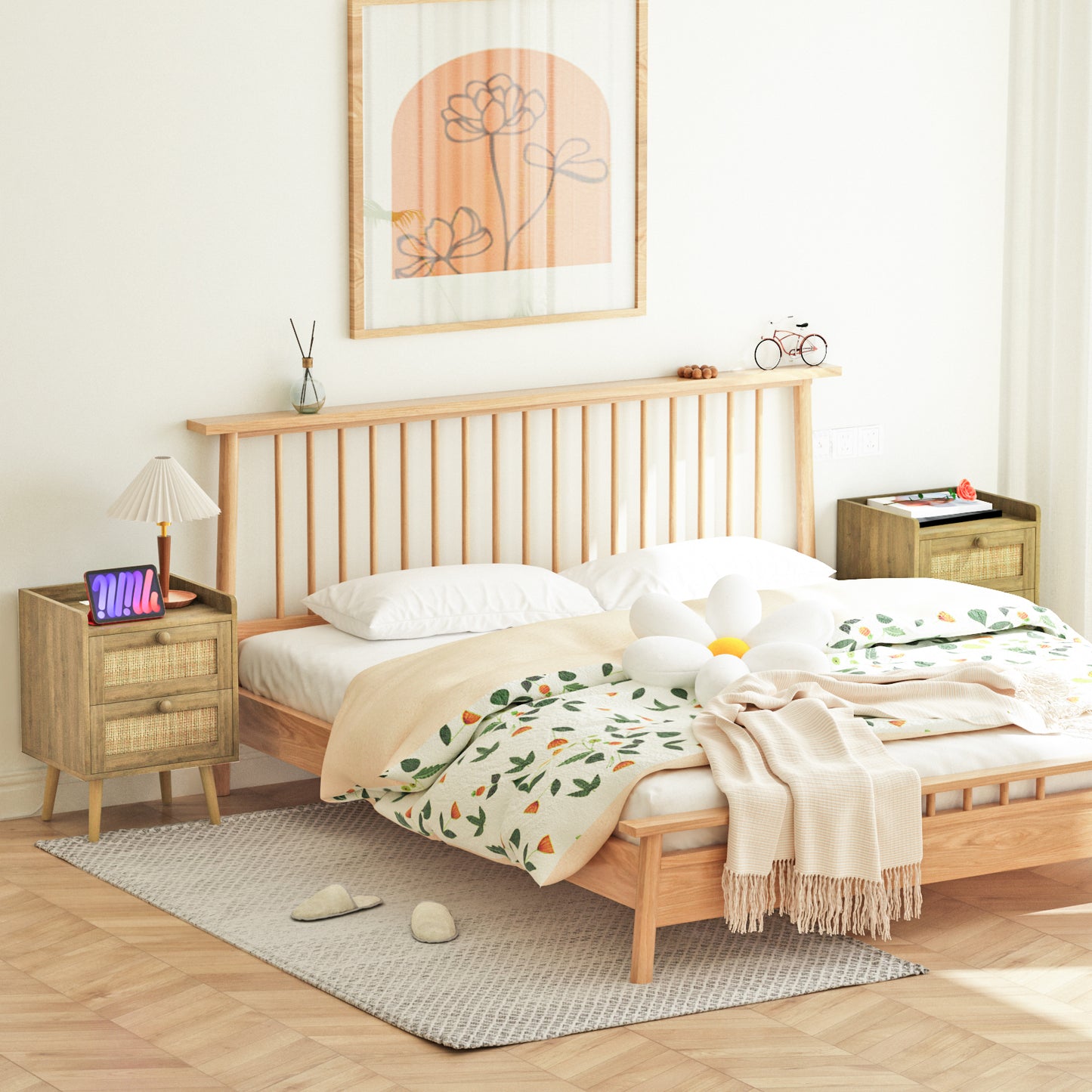 Rattan Nightstand with Charging Station, Rustic Bedside Table with 2 Drawers, Natural Nightstand for Bedroom
