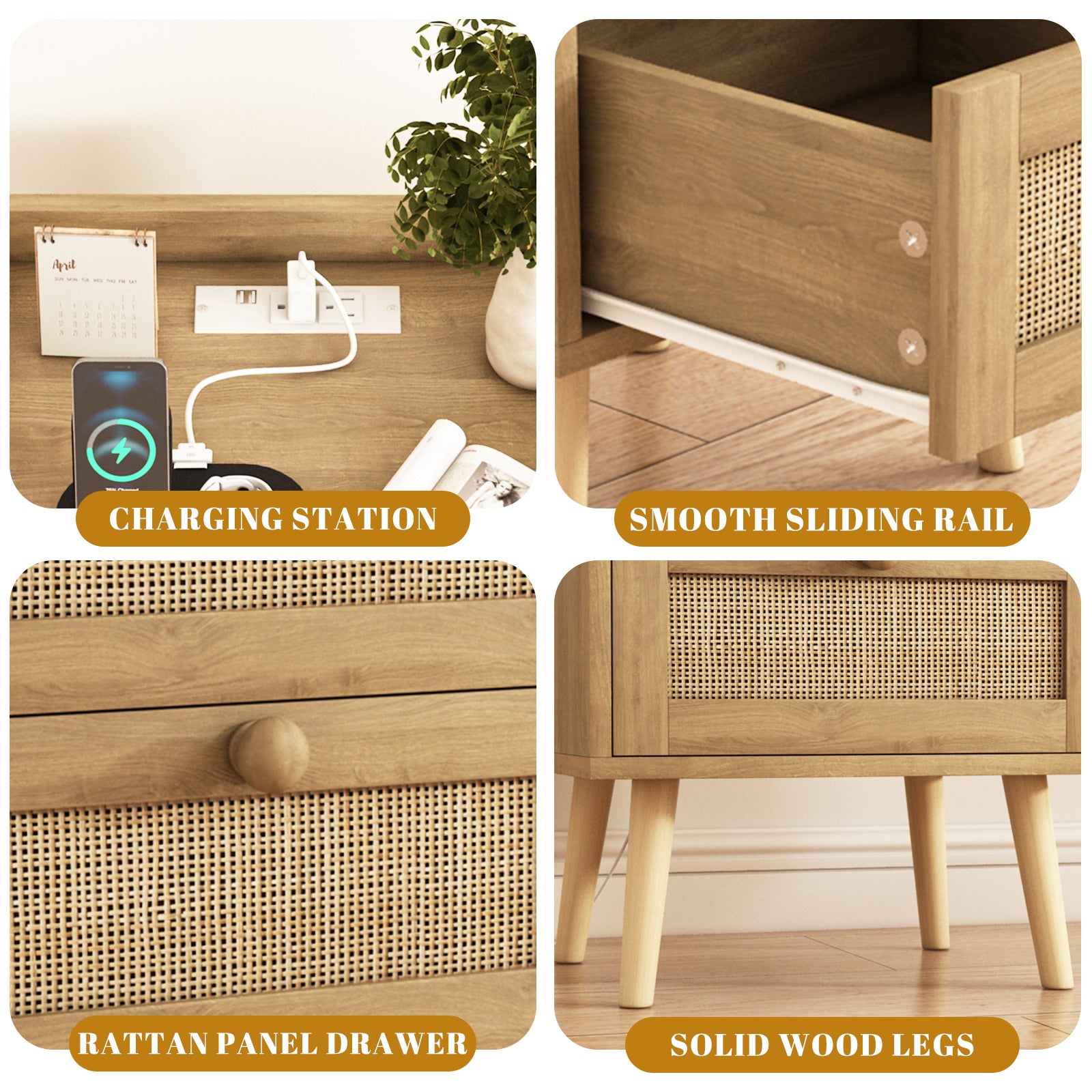 Rattan Nightstand with Charging Station, Rustic Bedside Table with 2 Drawers, Natural Nightstand for Bedroom