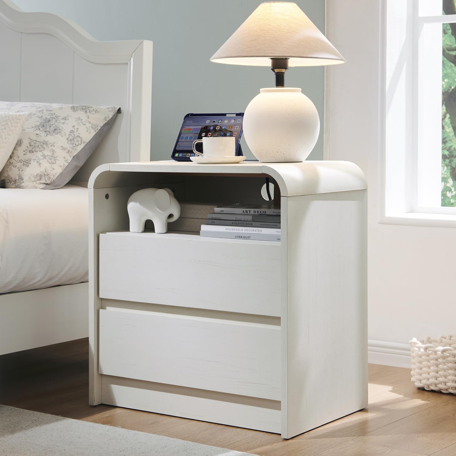 Modern Nightstand with Charging Station, Wide Wood Bedside Table w/2 Storage Drawers for Bedroom & Living Room