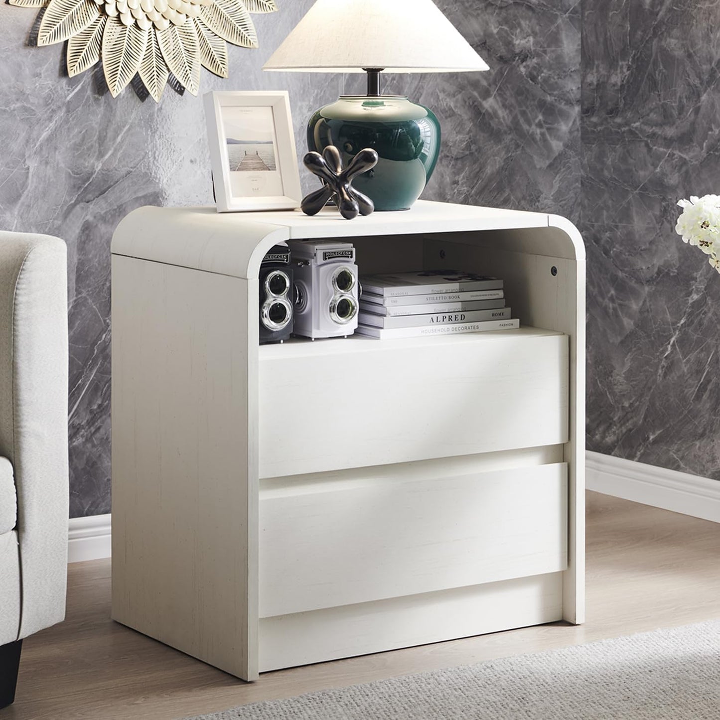 Modern Nightstand With Charging Station Wide Wood Bedside Table W2 Storage Drawers For Bedroom  Liv 3