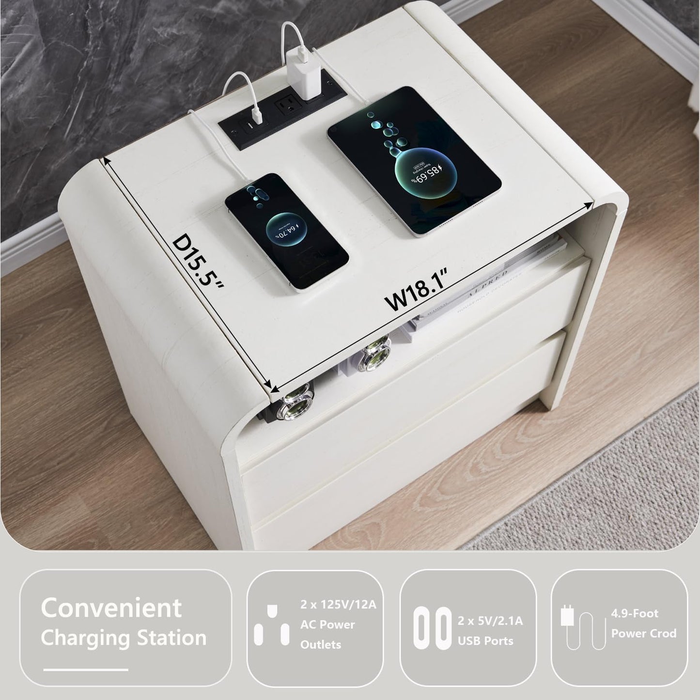 Modern Nightstand With Charging Station Wide Wood Bedside Table W2 Storage Drawers For Bedroom  Liv 4
