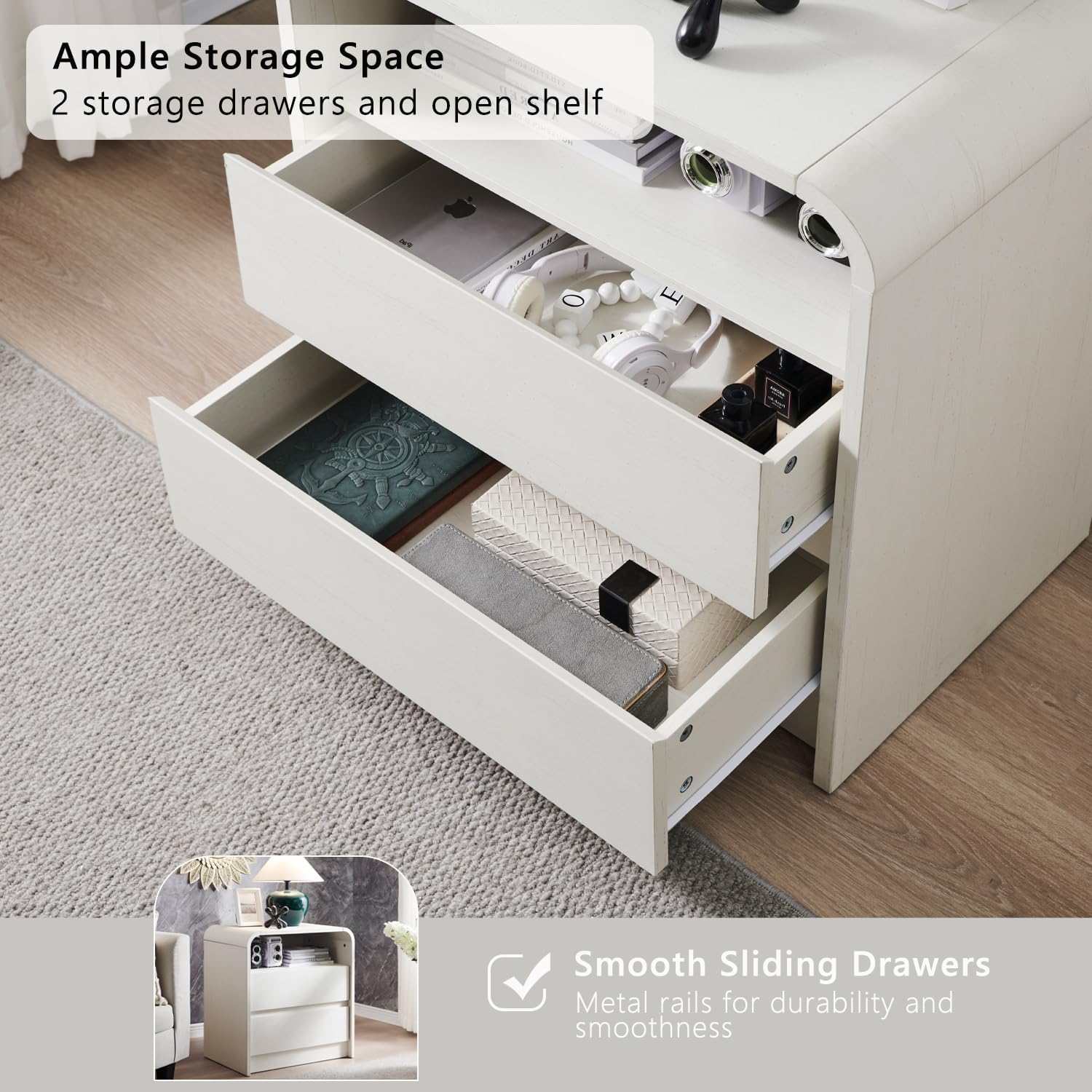 Modern Nightstand With Charging Station Wide Wood Bedside Table W2 Storage Drawers For Bedroom  Liv 5