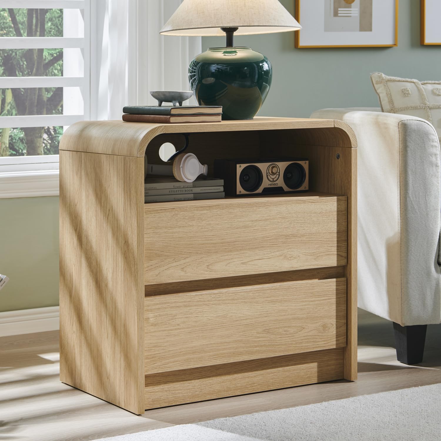 Modern Nightstand With Charging Station Wide Wood Bedside Table W2 Storage Drawers For Bedroom  Liv 7