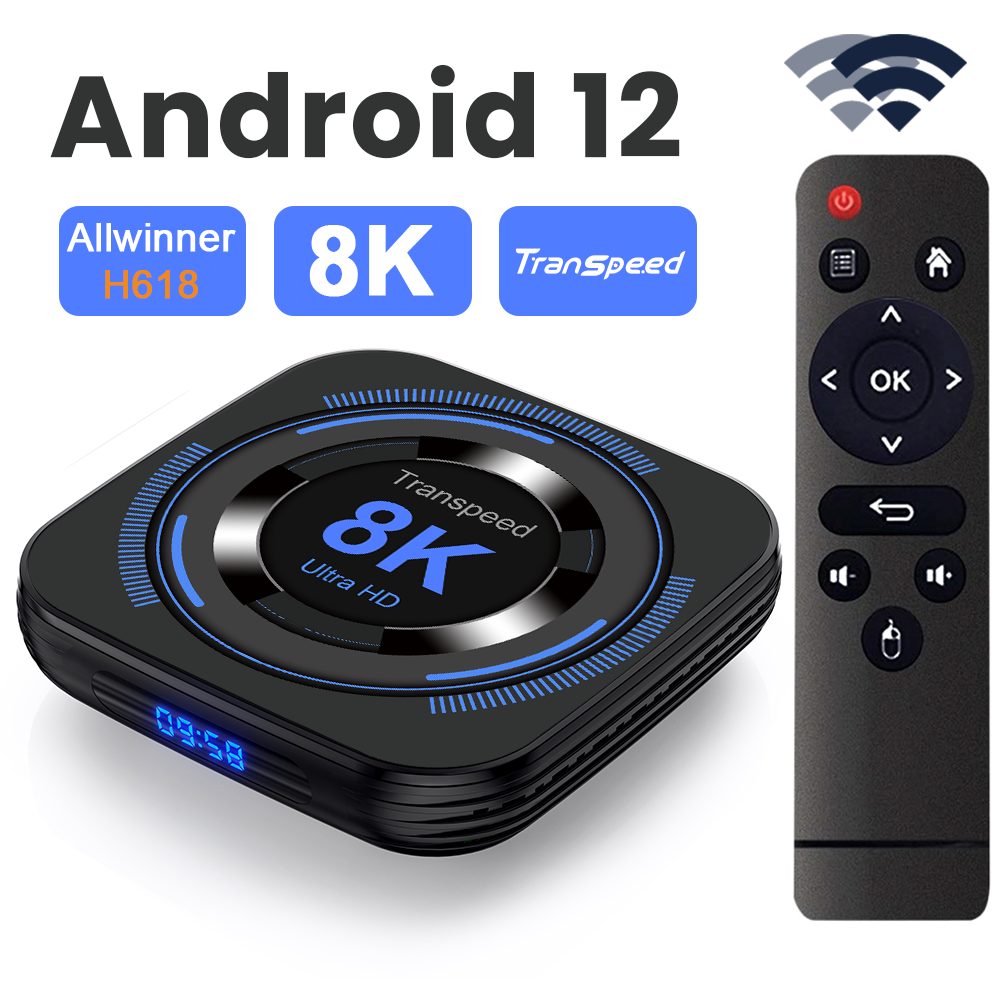 Transpeed Android 12 Smart TV Box Quad Core Dual WiFi BT Voice 4K 8K UHD Media Player Set Top Streaming Device