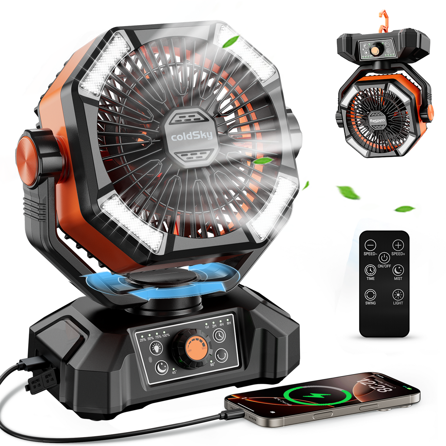 8-Speed Camping Fan with 4 LED Lantern, Portable Outdoor Desk Fan for Camping Tents & Fishing Trips