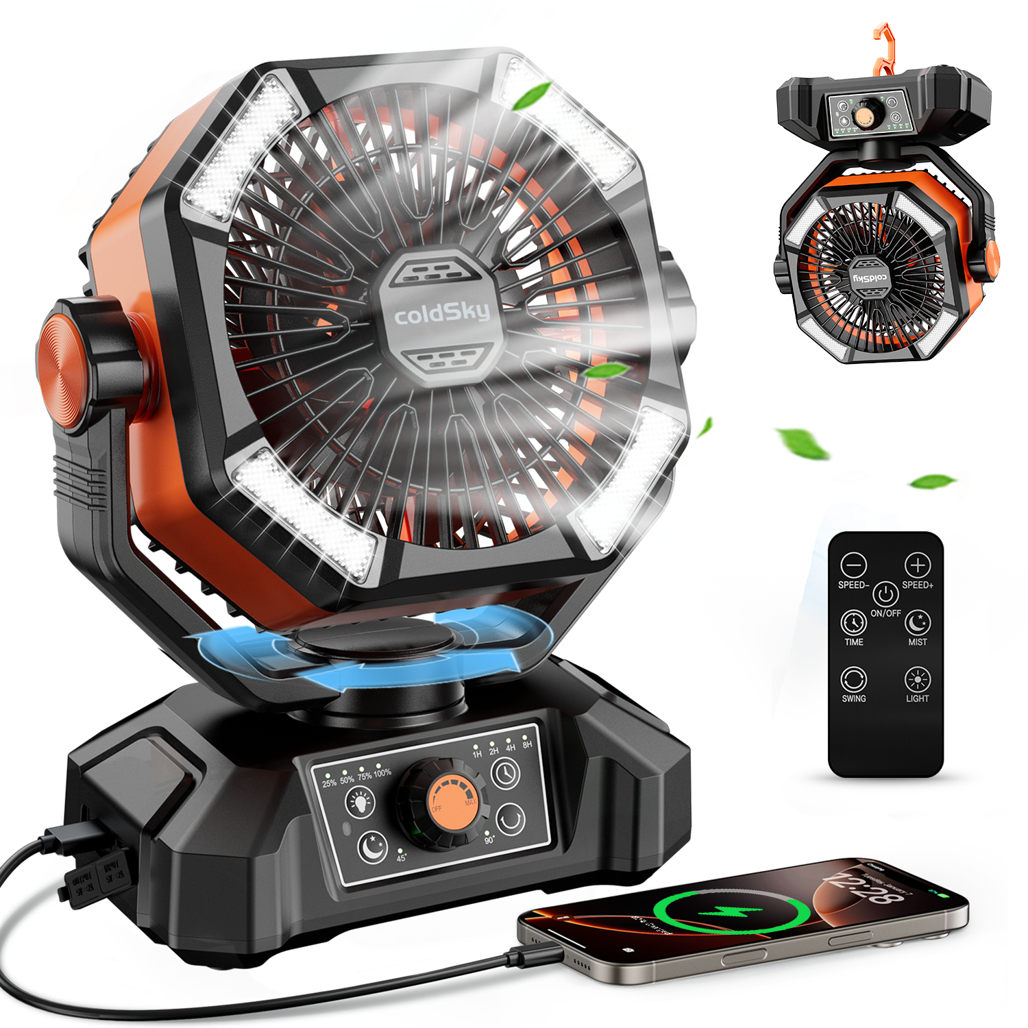 8-Speed Camping Fan with 4 LED Lantern, Portable Outdoor Desk Fan for Camping Tents & Fishing Trips
