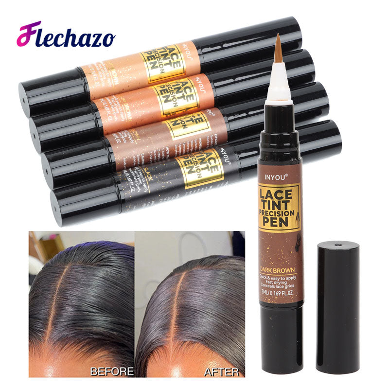Tinted Lace Pen with Brush, Lace Tint Pen for Wigs, Black/Medium/Dark/Light Brown, 5ml Precision Parting Color Correct