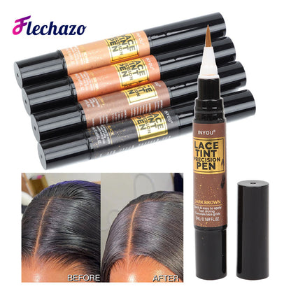Tinted Lace Pen with Brush, Lace Tint Pen for Wigs, Black/Medium/Dark/Light Brown, 5ml Precision Parting Color Correct