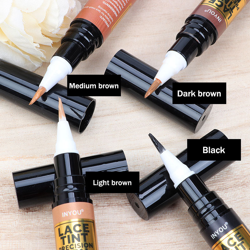 Tinted Lace Pen with Brush, Lace Tint Pen for Wigs, Black/Medium/Dark/Light Brown, 5ml Precision Parting Color Correct