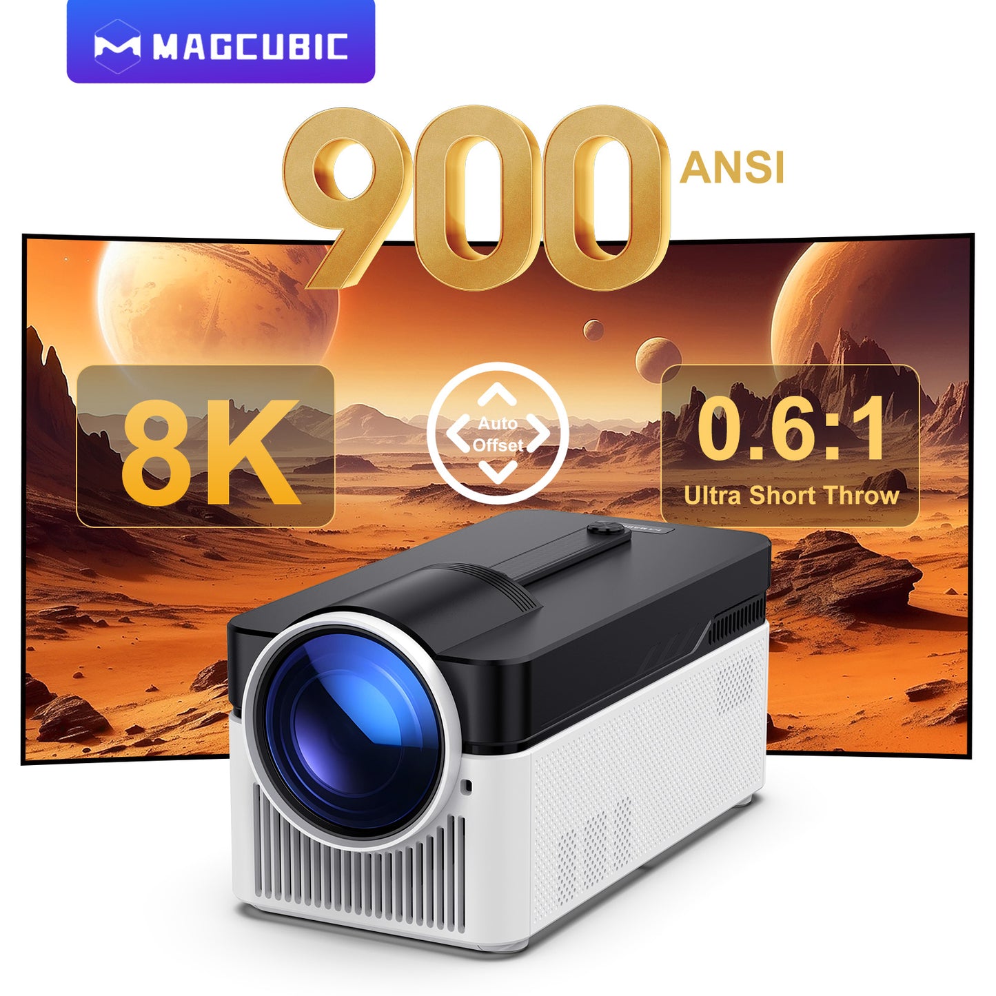 Ultra Short Throw HY450 Projector with Auto Offset, 8K, 4K, 1080P Native HD, 900ANSI Brightness, BT5.4 & Electronic