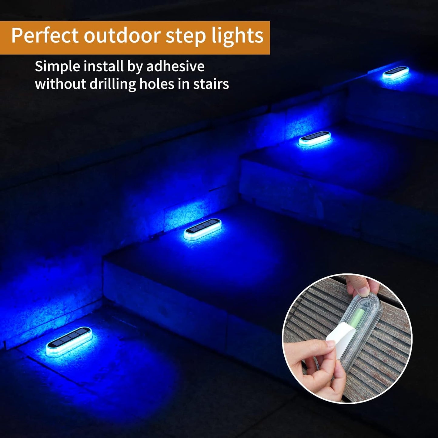 IP68 Waterproof Solar LED Deck Lights, Wireless Stick-On Outdoor Step Dock Driveway Lights, 3 Lighting Colors