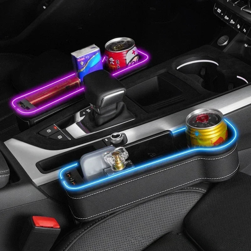 LED Car Seat Gap Storage Box with 2 USB Chargers, Multi-Function Seat Organizer Pocket for Phone, Bottle, Cards & Cup
