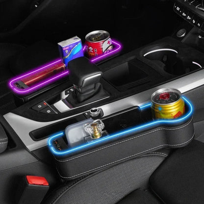 LED Car Seat Gap Storage Box with 2 USB Chargers, Multi-Function Seat Organizer Pocket for Phone, Bottle, Cards & Cup