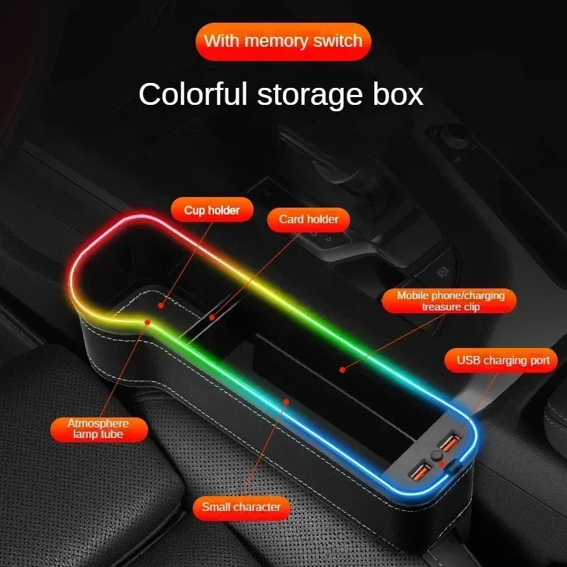 LED Car Seat Gap Storage Box with 2 USB Chargers, Multi-Function Seat Organizer Pocket for Phone, Bottle, Cards & Cup