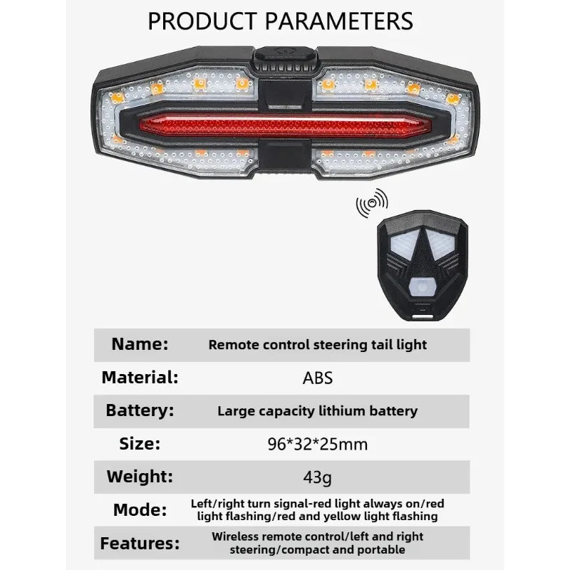 Wireless Rechargeable Bike Tail Light with Turn Signals & Brake Warning, Remote Controlled Cycling Back Light for Night