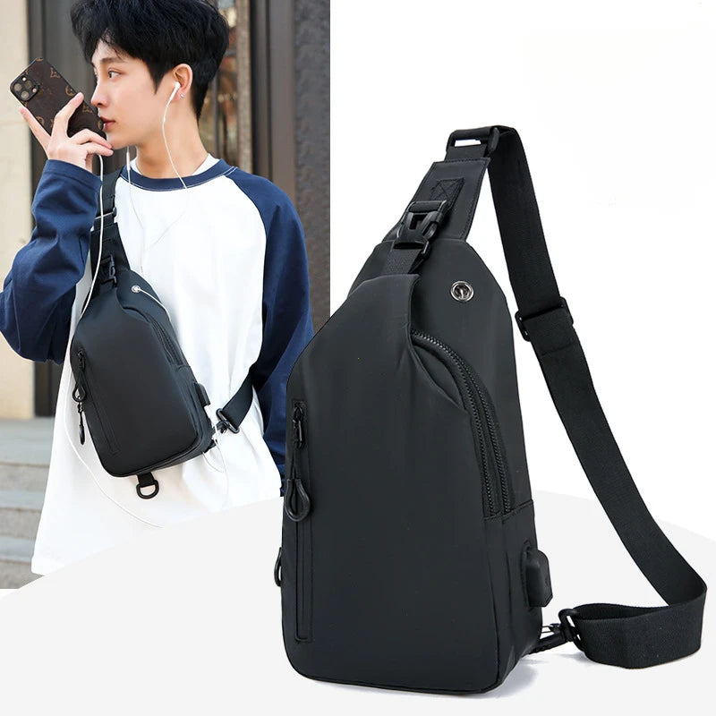Solid Color Men Chest Bag With USB Charging Port Casual Nylon One Shoulder Crossbody Bag For Outdoo 1