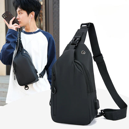 Solid Color Men Chest Bag With USB Charging Port Casual Nylon One Shoulder Crossbody Bag For Outdoo 1