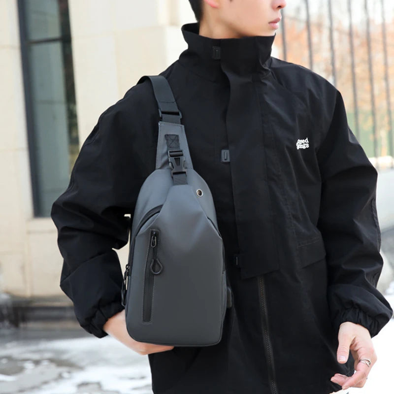 Solid Color Men Chest Bag With USB Charging Port Casual Nylon One Shoulder Crossbody Bag For Outdoo 2
