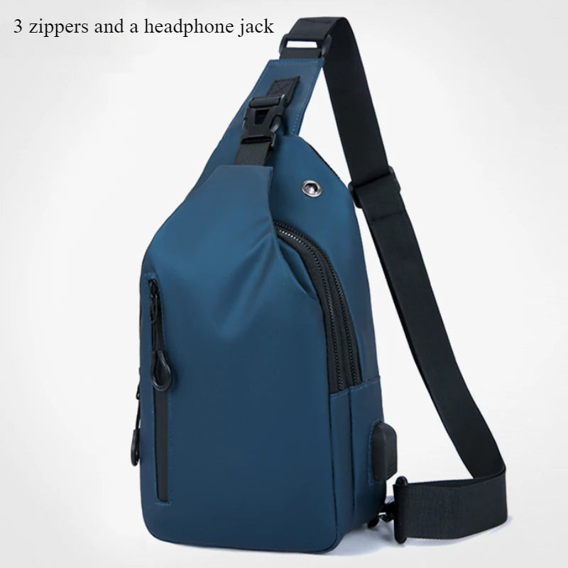 Solid Color Men Chest Bag With USB Charging Port Casual Nylon One Shoulder Crossbody Bag For Outdoo 7