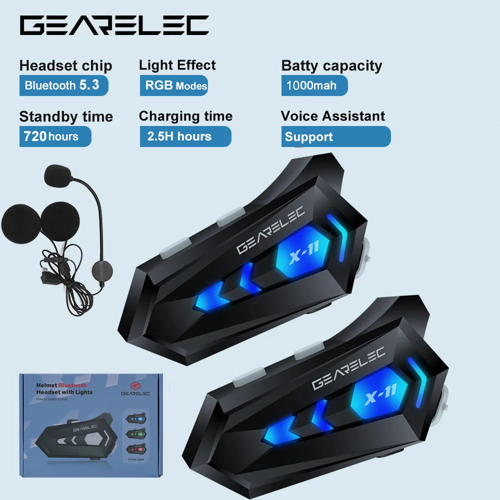 Bluetooth 5.3 Motorcycle Helmet Headset, Waterproof Earphones with Speaker, Tri-Color Ambient Light & Auto Answering