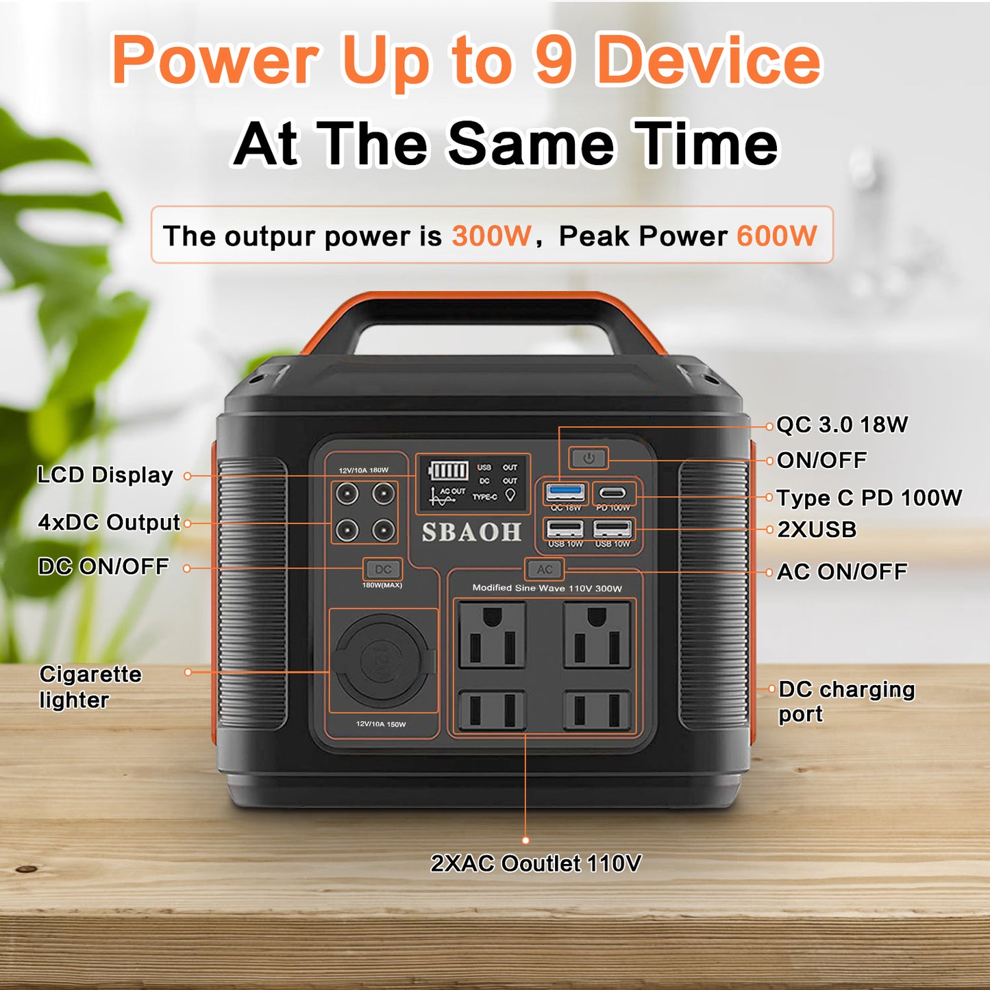 Portable Power Station, Ports, Car Socket & LED Flashlight Solar Generator