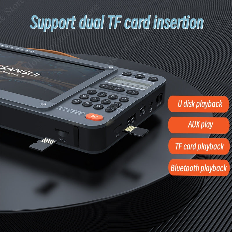 Portable FM Radio with Video Display, Wireless Bluetooth Speaker, MP4 Music Player, Dual TF Card Slot, E-book Playback