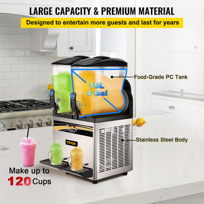 Commercial Slushy Machine Double Tank Margarita Maker, Stainless Steel Frozen Drink Machine for Cafes & Bars