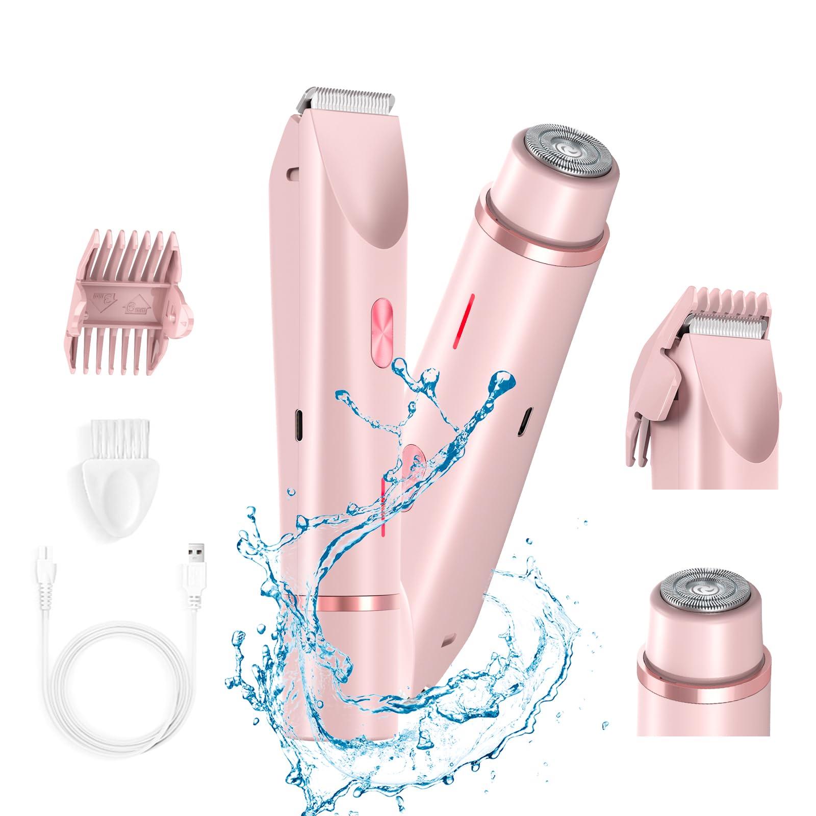2 in 1 Electric Bikini Trimmer Shaver for Women, Dual Head Wet & Dry Hair Razor Waterproof with Detachable Heads