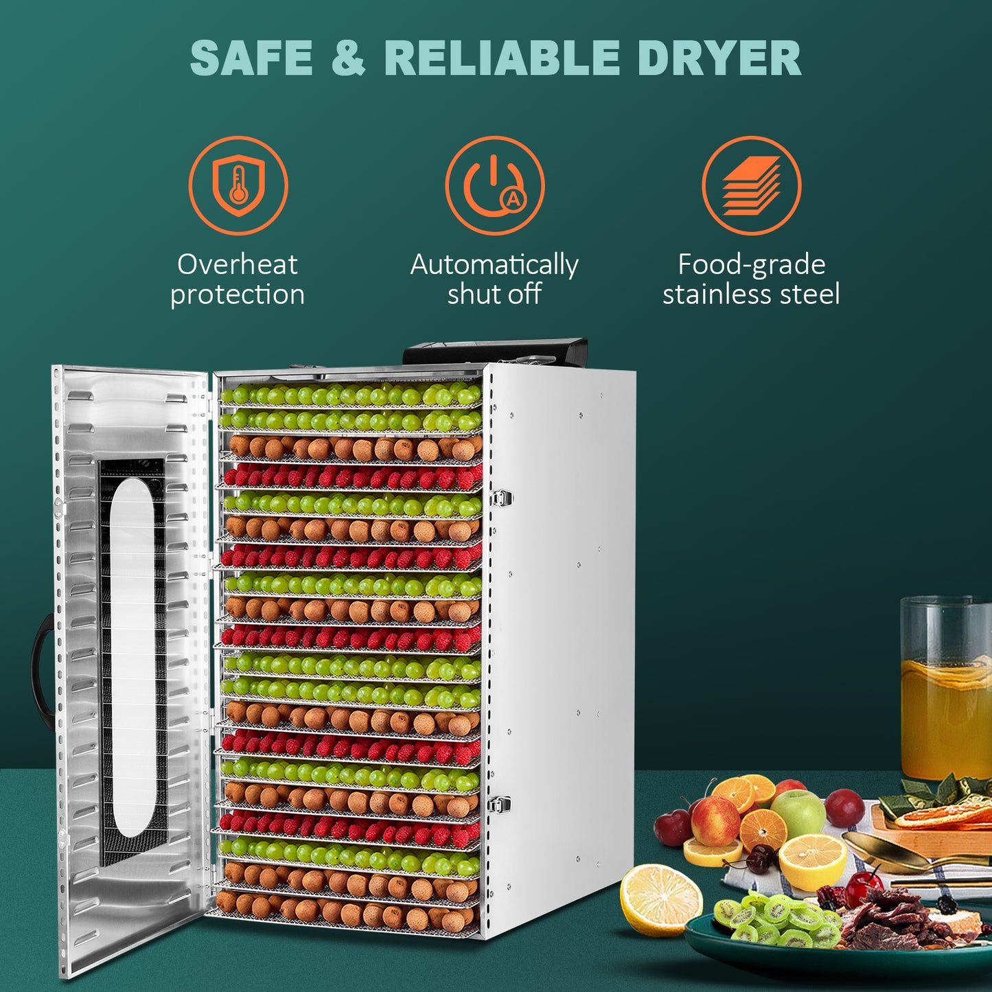 Commercial Stainless Steel Food Dehydrator 20 Trays, Adjustable Timer Jerky & Fruit Dryer for Meat, Beef, Herbs