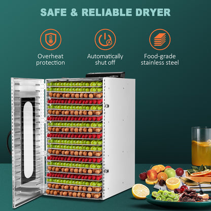 Commercial Stainless Steel Food Dehydrator 20 Trays, Adjustable Timer Jerky & Fruit Dryer for Meat, Beef, Herbs
