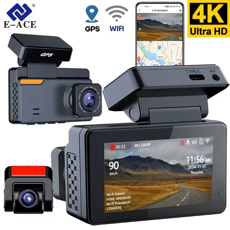 4K Dual Lens Dash Cam with GPS WiFi Night Vision Front and Rear Camera