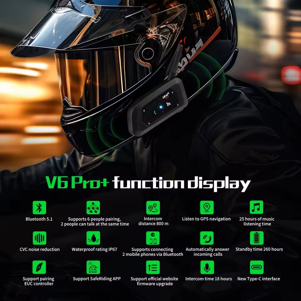 Motorcycle Helmet Bluetooth Intercom Headset 800M Waterproof Interphone For 6 Riders 5