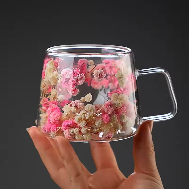 200ml Double Wall Glass Mug with Floral Pattern and Handle