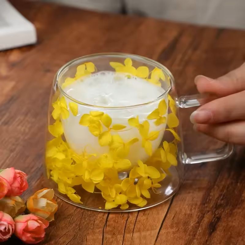 200ml Double Wall Glass Mug With Floral Pattern And Handle 2