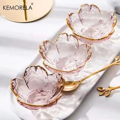 Japanese Style Glass Dessert Plates with Golden Rim – Mini Sakura Bowls