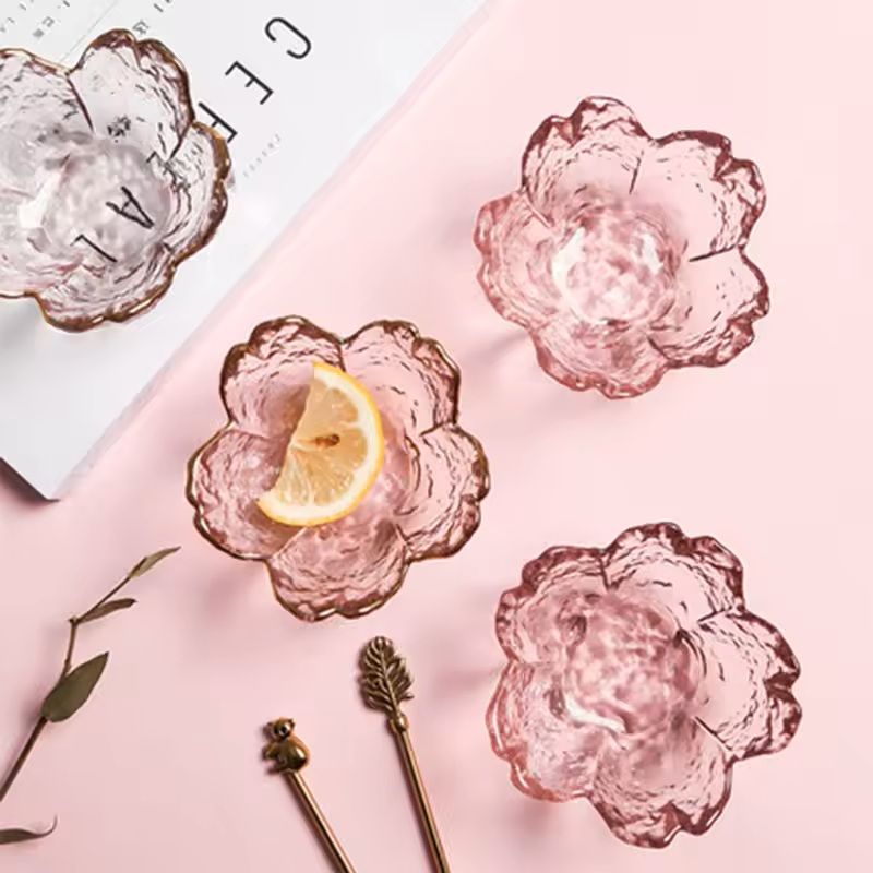Japanese Style Glass Dessert Plates With Golden Rim  Mini Sakura Bowls 1
