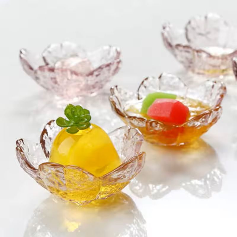 Japanese Style Glass Dessert Plates With Golden Rim  Mini Sakura Bowls 2