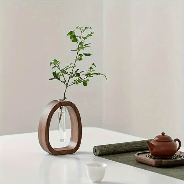 Walnut Wood Hydroponic Glass Vase for Minimalist Plant Decor