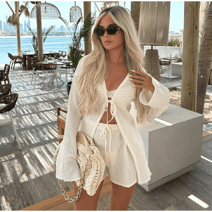 White Lace V Neck Flare Sleeve Matching Shirt and Shorts Set