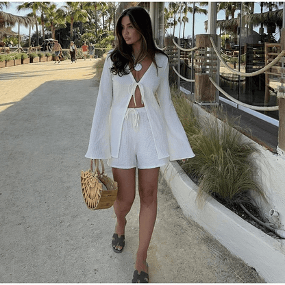 White Lace V Neck Flare Sleeve Matching Shirt And Shorts Set 2