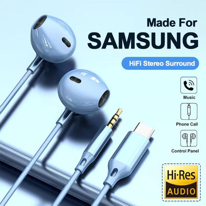 HiFi USB-C Wired Earbuds with Mic – In-Ear Stereo Headphones for Samsung Galaxy S24/S23/S22 Ultra
