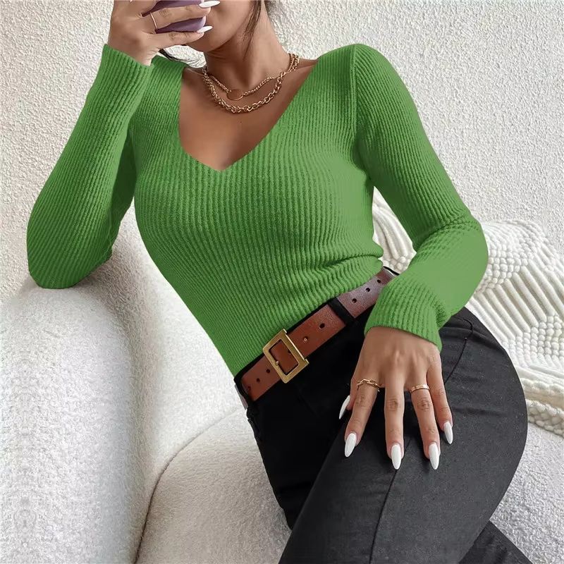 Y2K Rib Knit VNeck Pullover  Long Sleeve Autumn Winter Sweater For Women 11