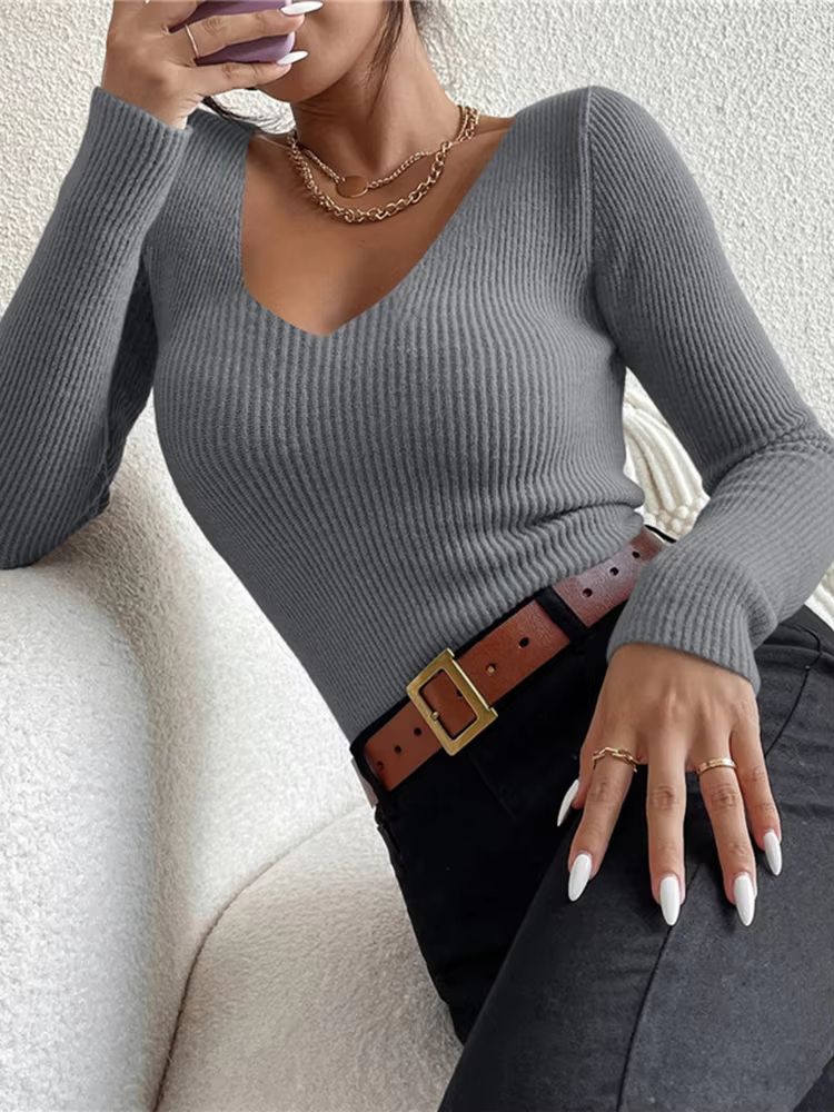 Y2K Rib Knit VNeck Pullover  Long Sleeve Autumn Winter Sweater For Women 3