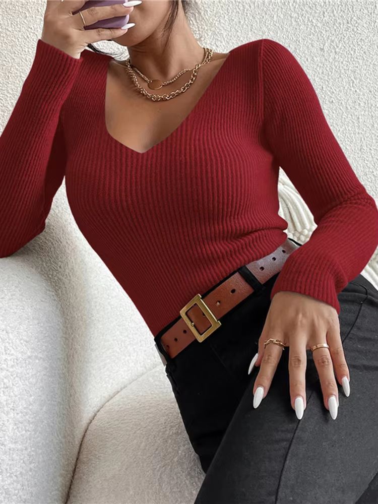 Y2K Rib Knit VNeck Pullover  Long Sleeve Autumn Winter Sweater For Women 6