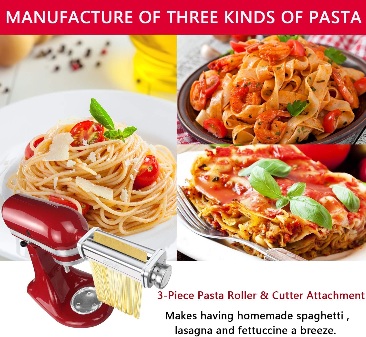 Adjustable Pasta Attachment for KitchenAid Mixer, Stainless Steel Noodle Fit-All Accessory
