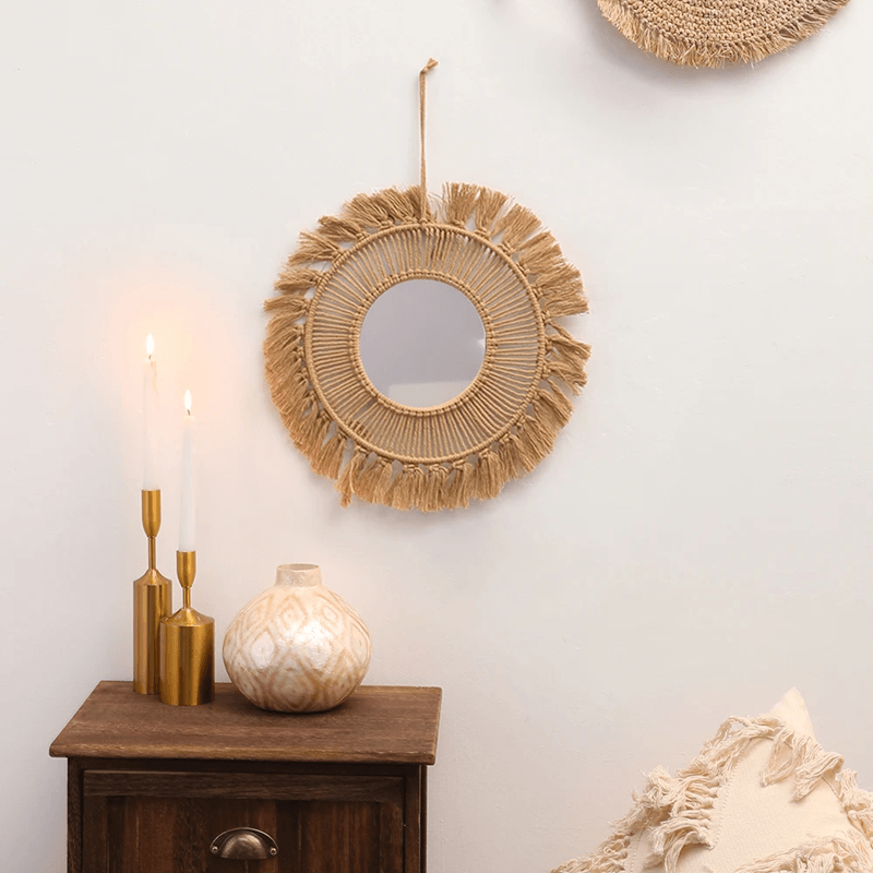 Handwoven Round Wall Mirror Boho Hanging Decor For Bedroom Living Room Or Entryway 2
