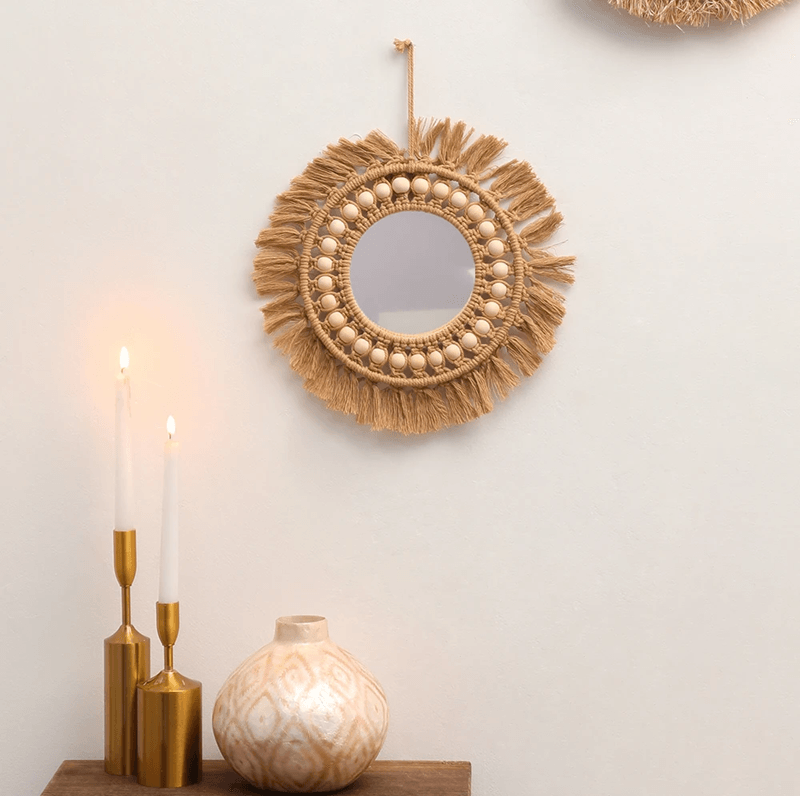 Handwoven Round Wall Mirror Boho Hanging Decor for Bedroom Living Room or Entryway