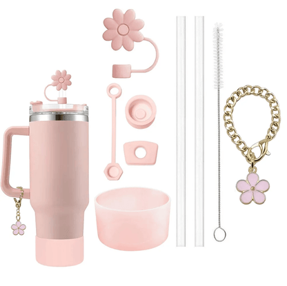 9 Piece Stanley Cup Accessory Set With Straw Covers Boot Spill Stoppers And Flower Charm 5